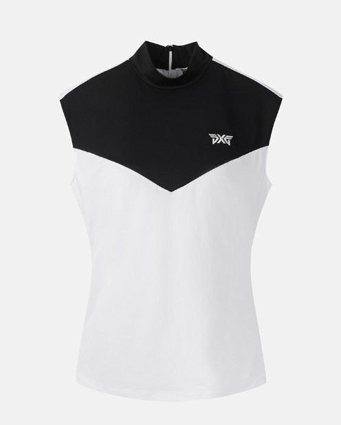 PXG-상의-국내배송 우먼 썸머 카라 블록 모크넥 슬리브리스 (WOMEN)