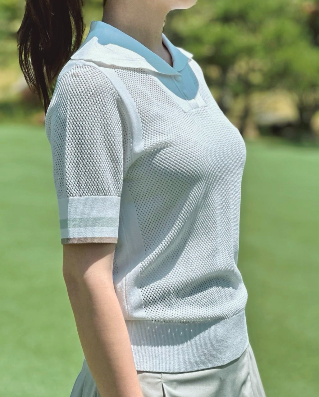 PXG-상의-국내배송 우먼 썸머 포인트 카라 숏 슬리브 니트 (WOMEN)