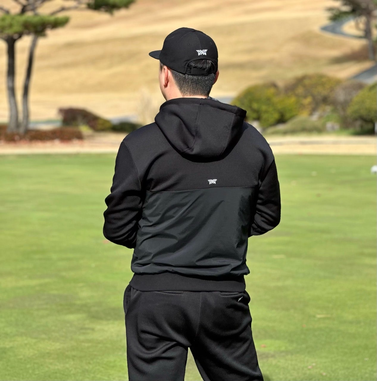 PXG-세트-국내배송 우먼 믹스 후드 맨투맨&우븐 조거팬츠 세트 (MEN)