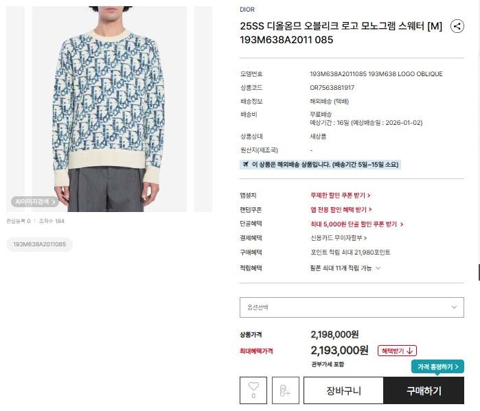 디올-상의-국내배송 화이트 및 블루 버진 울 자카드 오블리크 스웨터