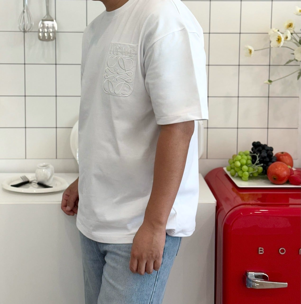 로에베-상의-국내배송 포켓 자수 릴렉스 핏 반팔
