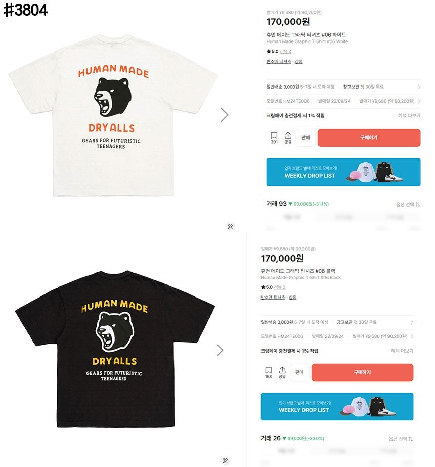 휴먼메이드-상의-국내배송 애니멀 그래픽 티셔츠 베어