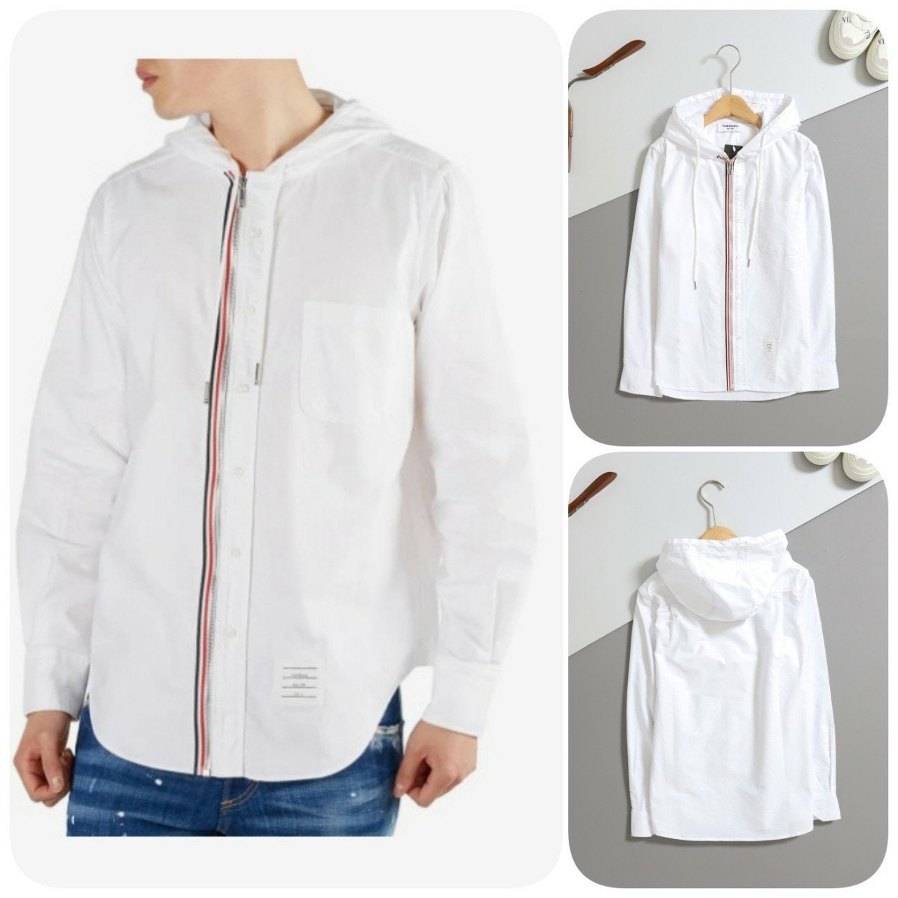톰브라운-상의-국내배송 옥스퍼드 삼선 후드 집업 셔츠