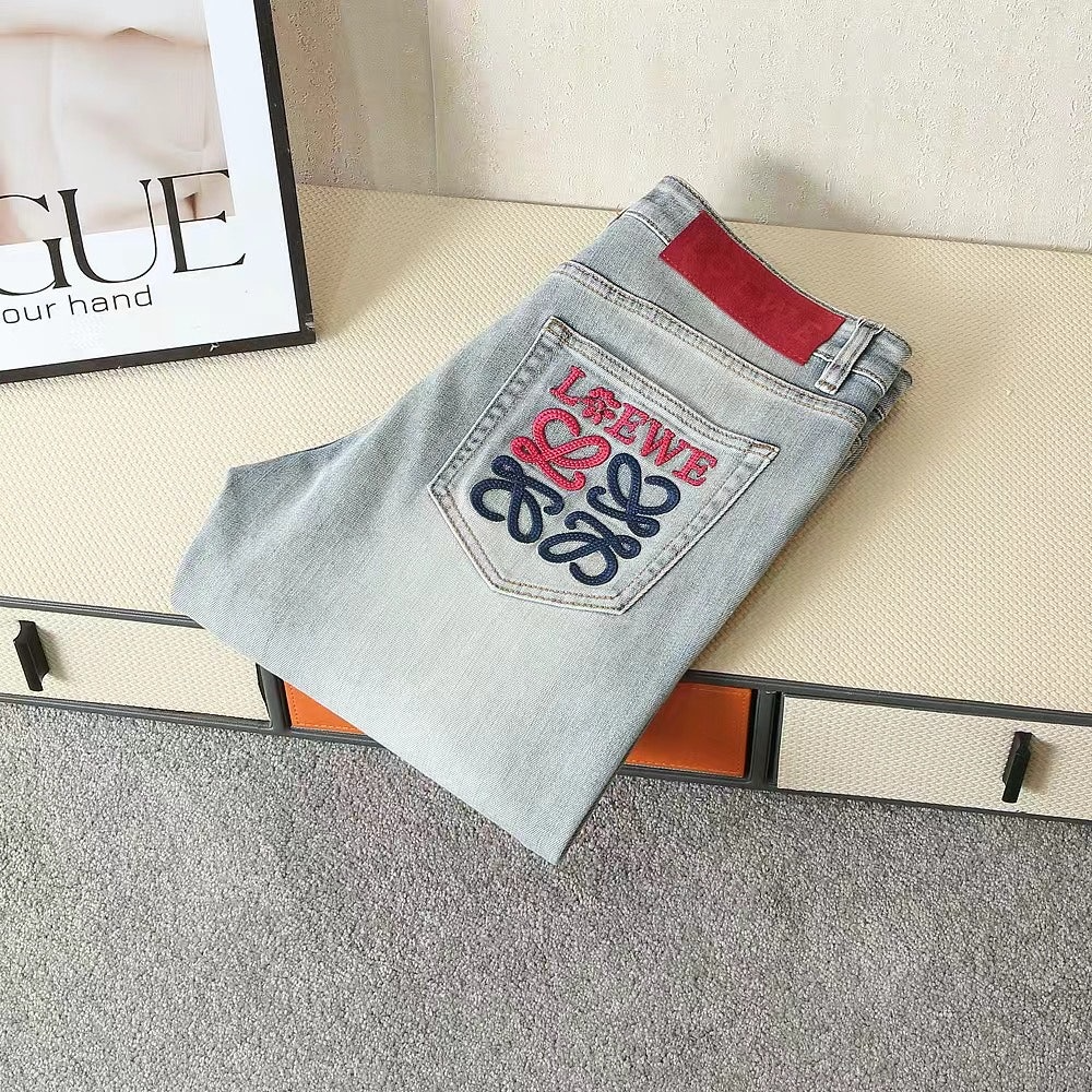 로에베-하의-국내배송 멀티자수로고 워싱 스판 데님진