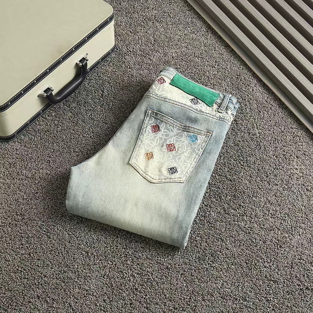 로에베-하의-국내배송 멀티컬러 자수로고 워싱 스판 데님진