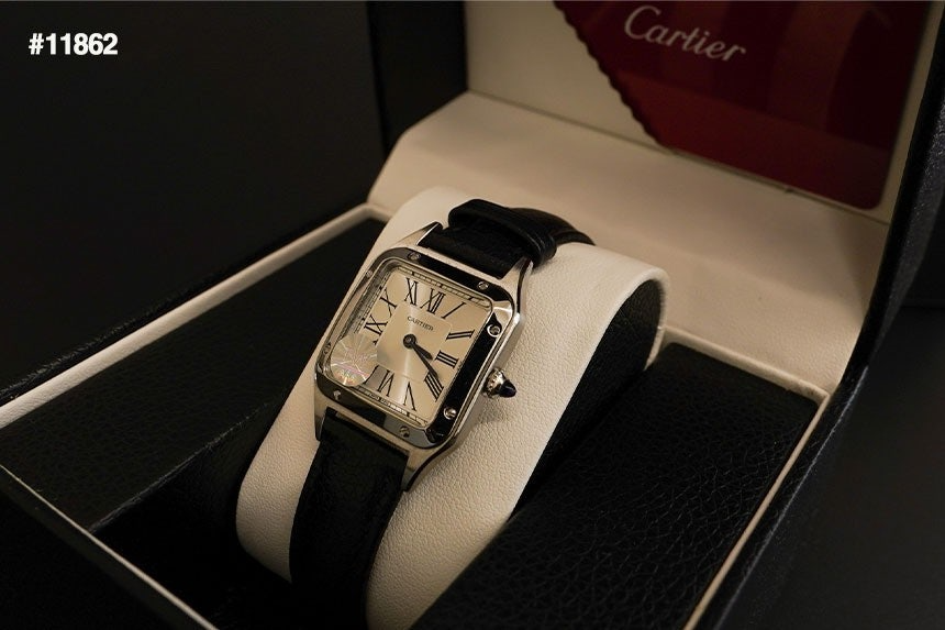 까르띠에-시계-국내배송 산토스 뒤몽 스테인레스 스틸 레더 워치 시계