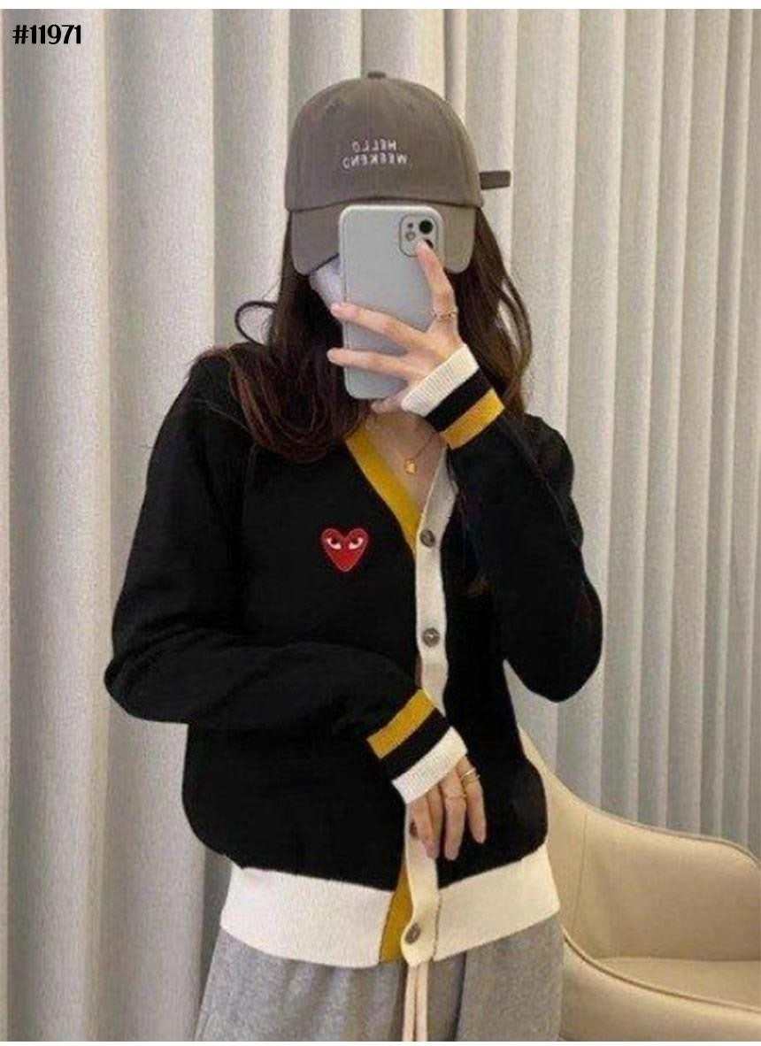 꼼데가르송-상의-국내배송 레드하트 배색 브이넥니트 가디건