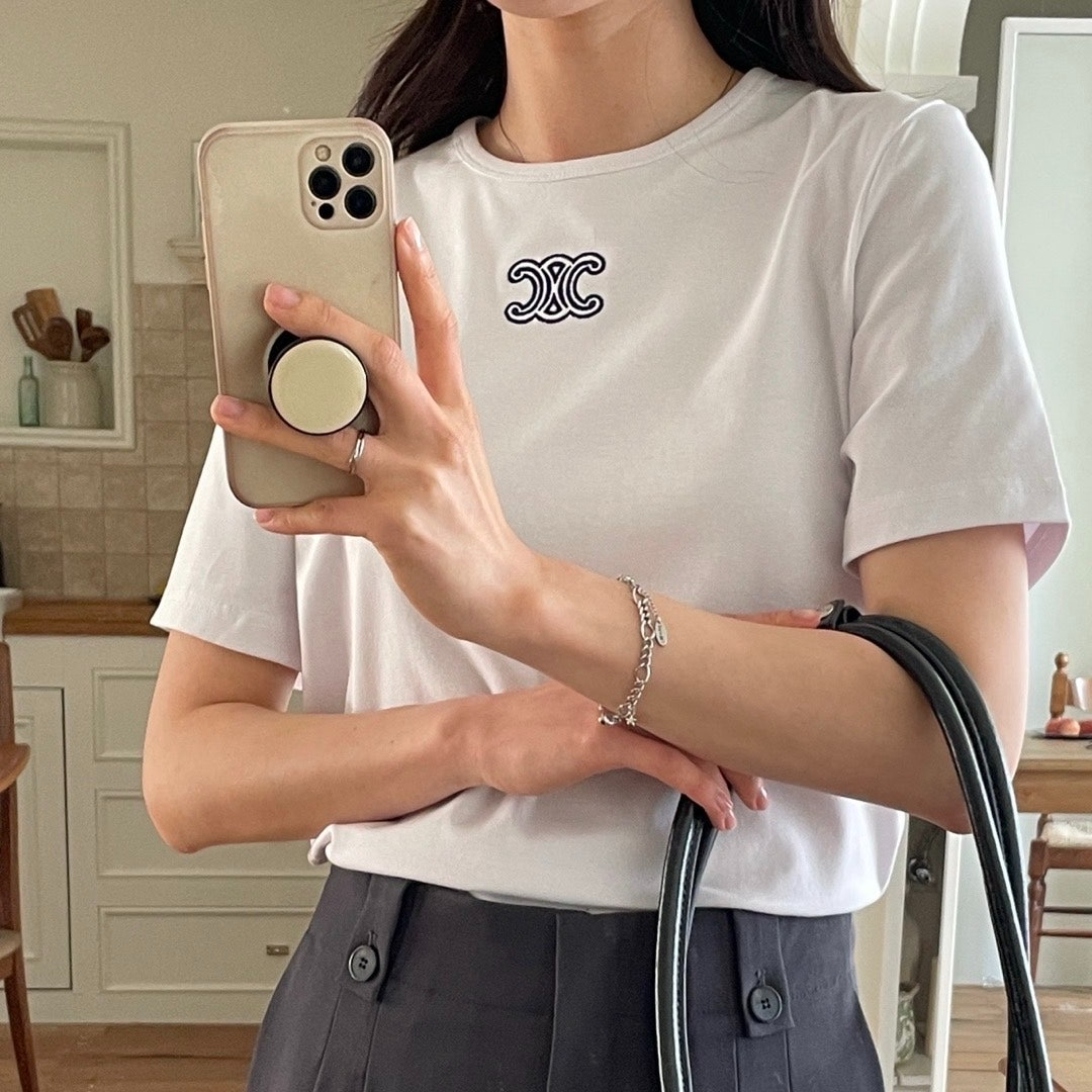 셀린느-상의-국내배송 리브드 저지 코튼 반팔 티셔츠