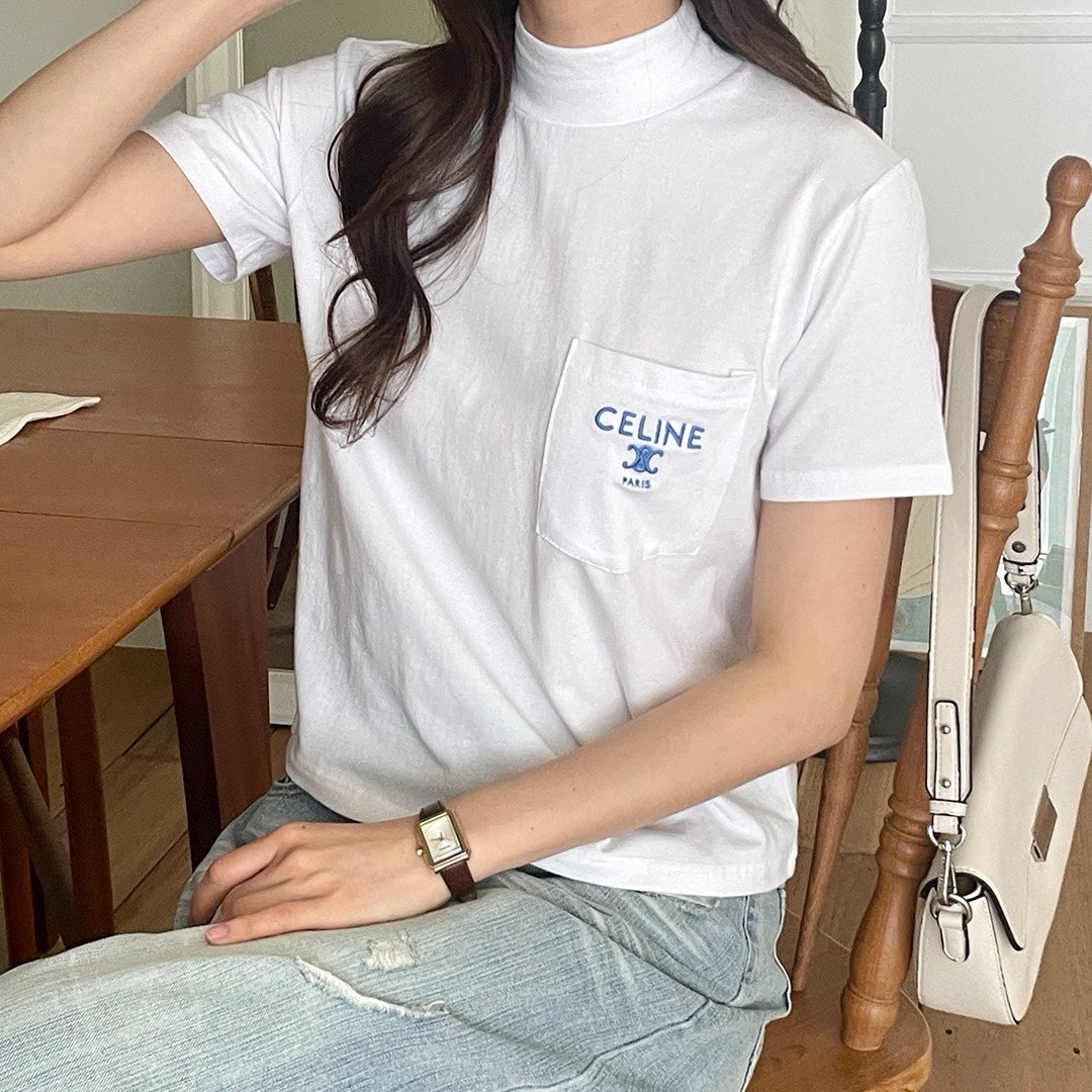 셀린느-상의-국내배송 코튼 저지 모크넥 티셔츠