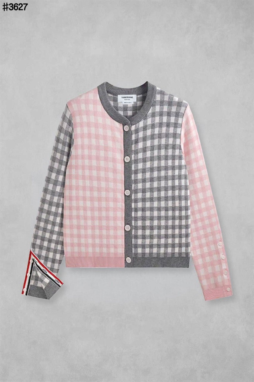 톰브라운-상의-국내배송 깅엄 체크믹스 자카드 메리노 울 라운드 가디건