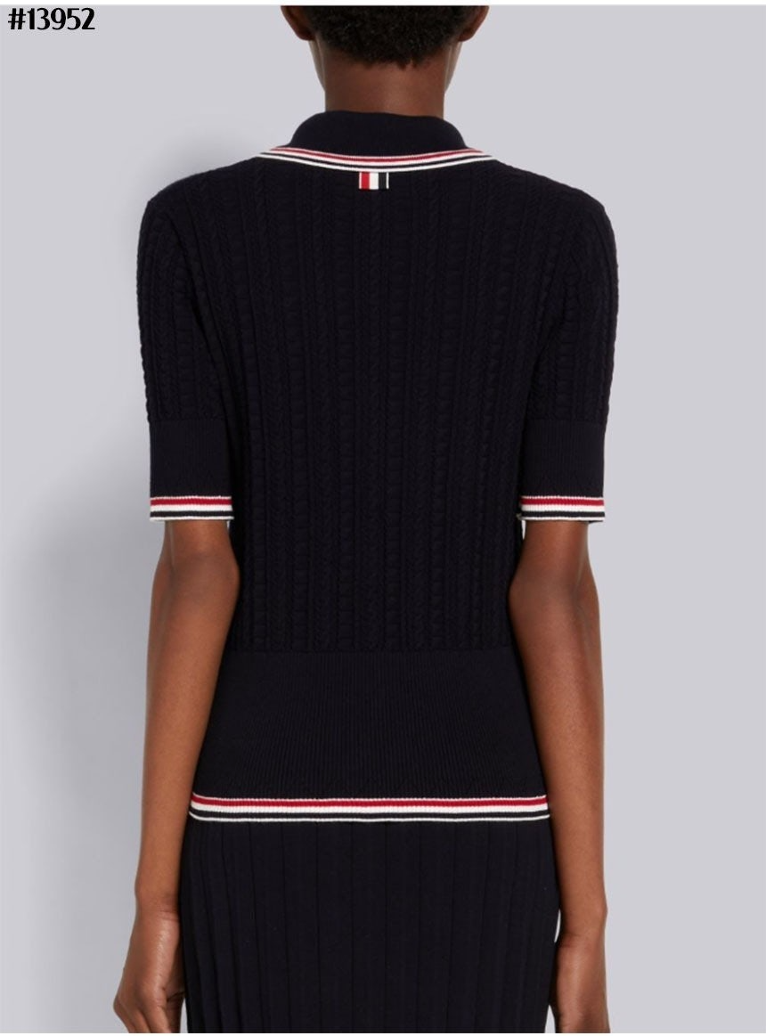 톰브라운-상의-국내배송 여성 케이블 텍스처 오버트위스트 코튼 키홀 폴로 티셔츠