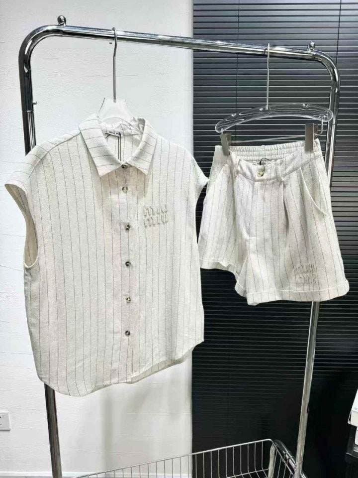 미우미우-세트-국내배송 린넨 스트라이프 셔츠 & 반바지 SET
