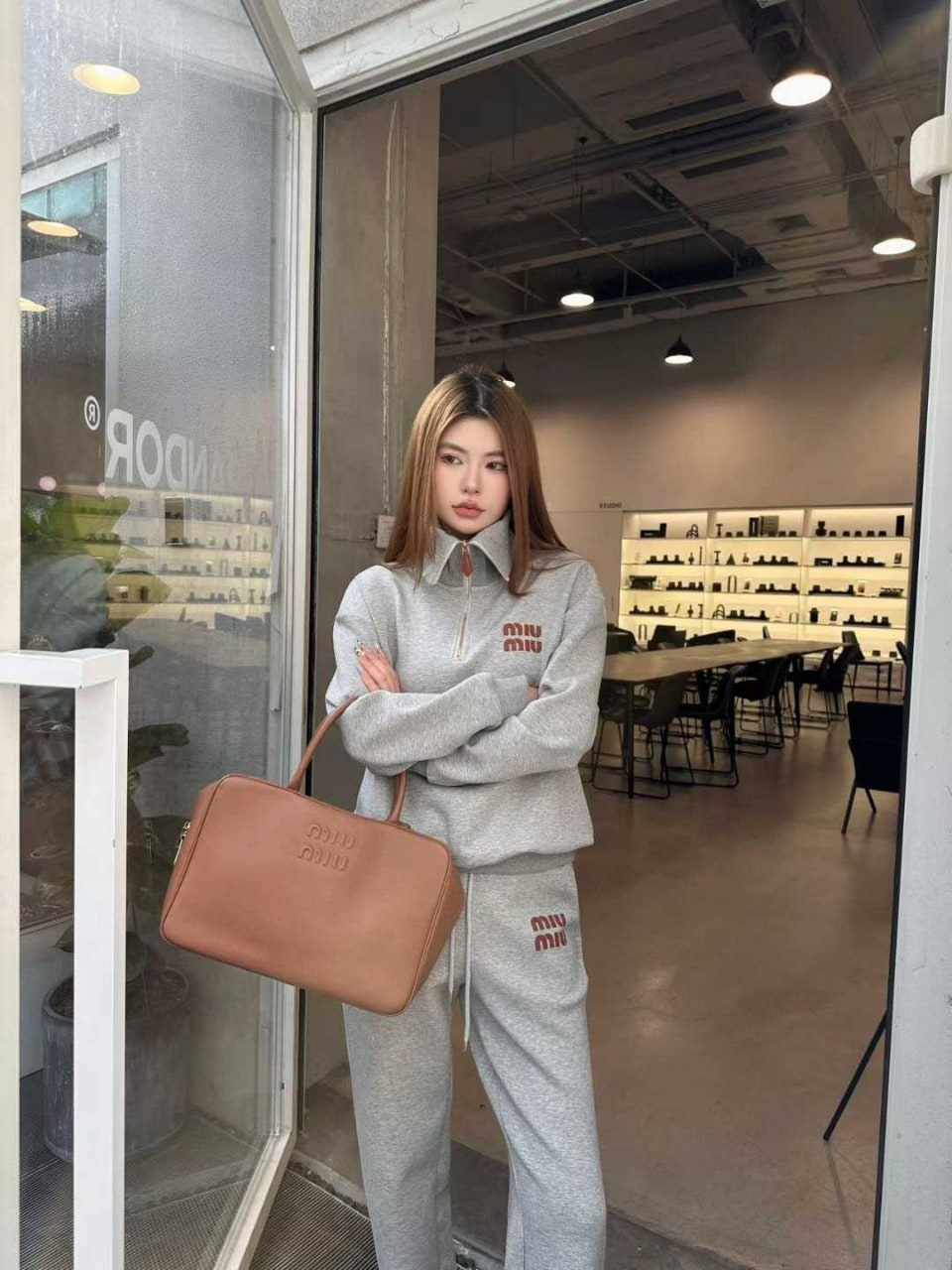 미우미우-세트-국내배송 여성용 자수패치로고 코튼 트레이닝 셋트