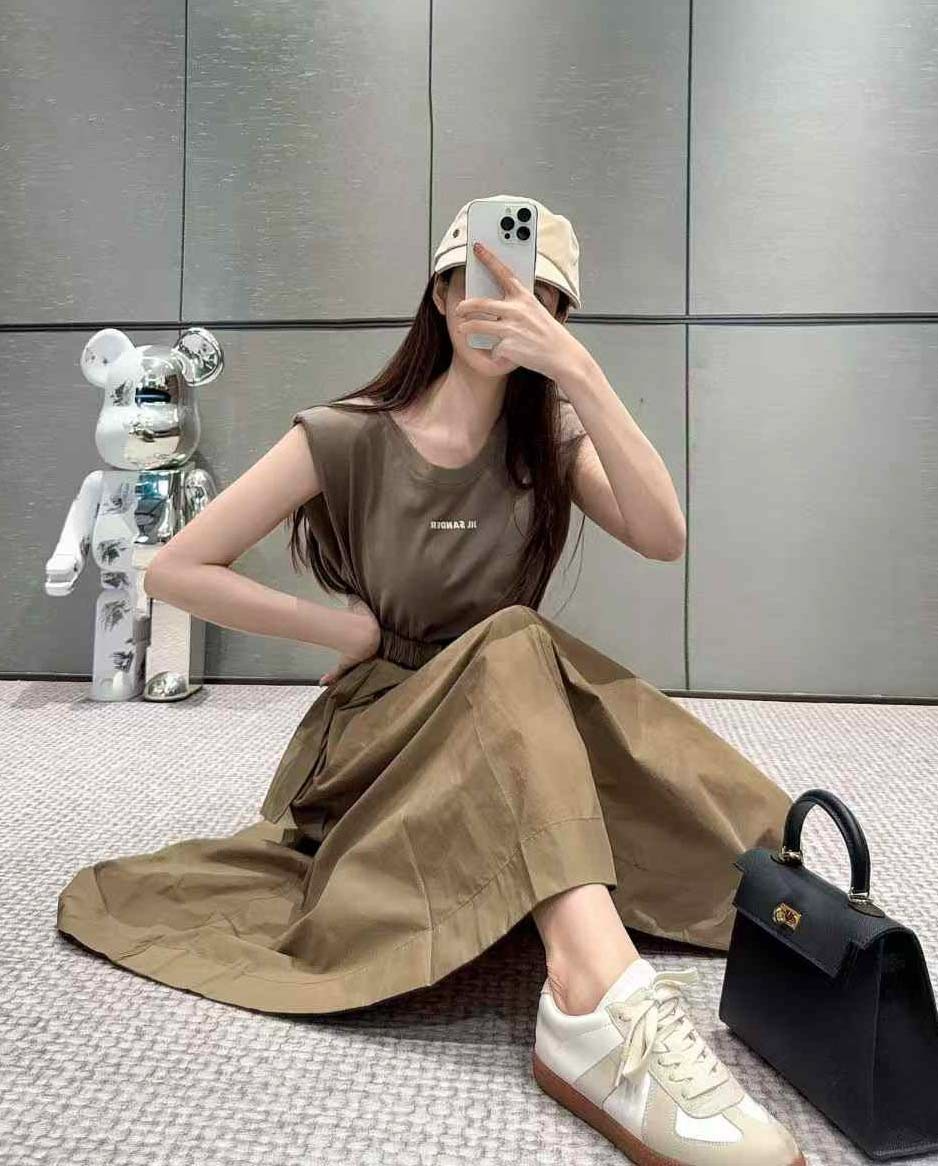 질샌더-세트-국내배송 3D로고 티셔츠 믹스 벨티드 드레스 -카키베이지-