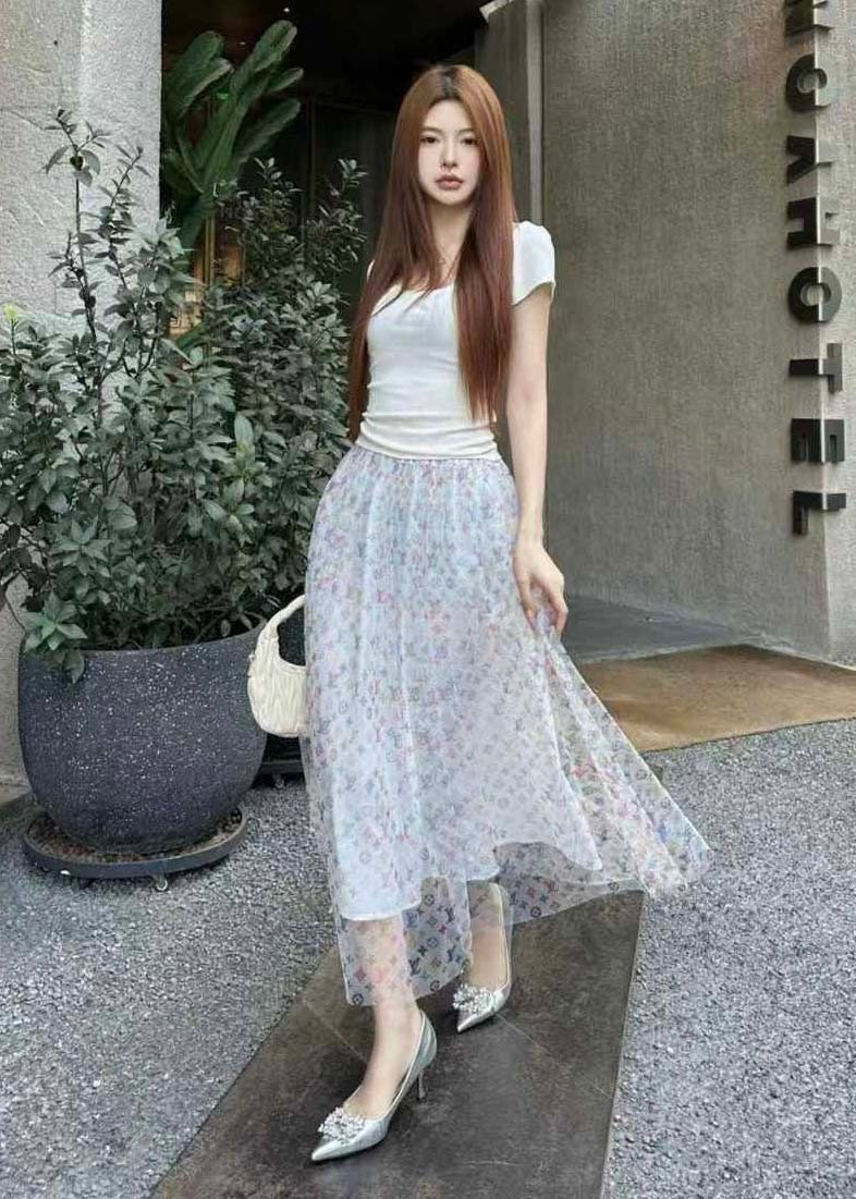 루이비통-하의-국내배송 모노그램 쉬폰 롱 스커트 -화이트-