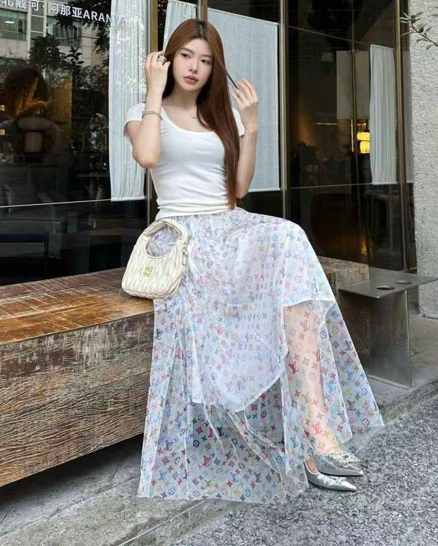 루이비통-하의-국내배송 모노그램 쉬폰 롱 스커트 -화이트-