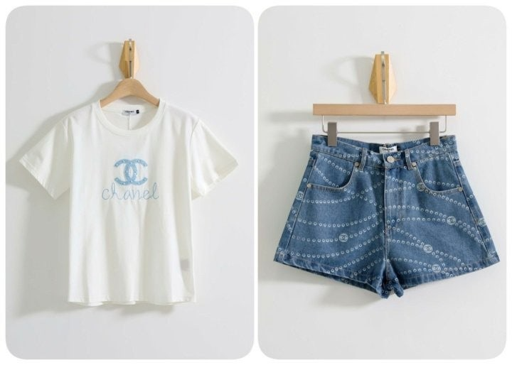 샤넬-하의-국내배송 CC로고 반팔티셔츠 & 데님 숏팬츠 SET